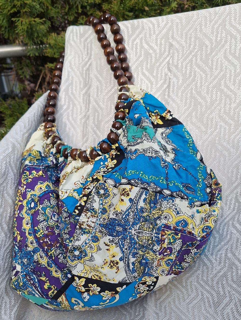 HAND CRAFTED Bohemian Patch work Beaded Handle HAND Bag - Blue & Purple - Picture 6 of 14